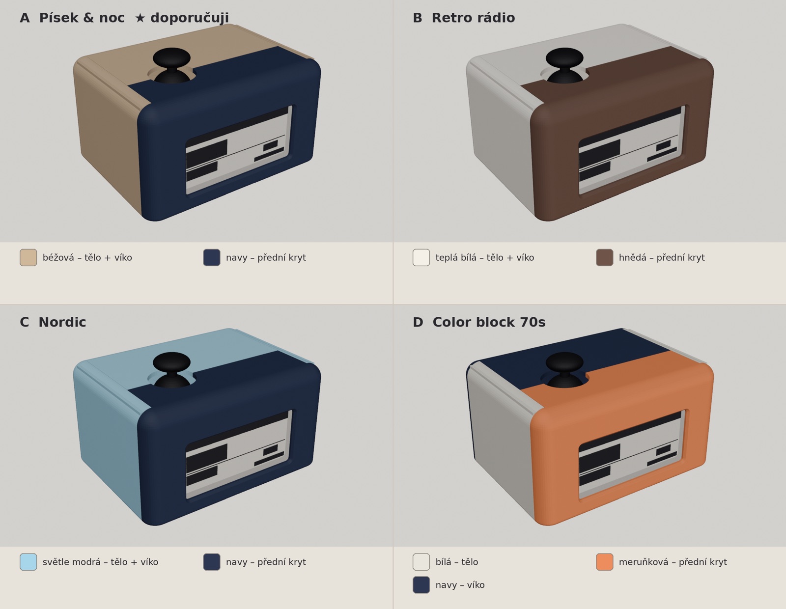 Čtyři barevné varianty pouzdra: Písek a noc, Retro rádio, Nordic, Color block 70s